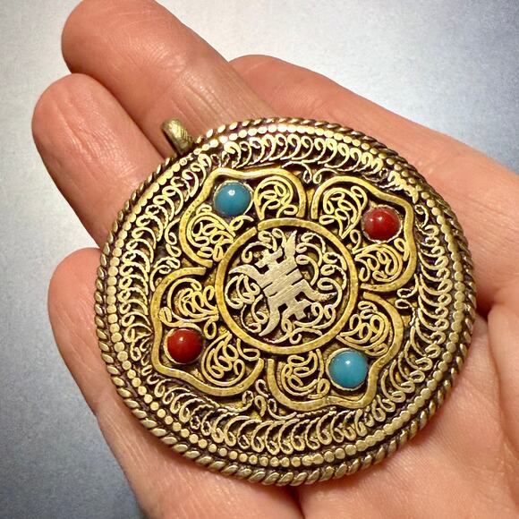 Tibetan Double-Sided Amulet & Turquoise Coral Inlays Pendant - Picture 5 of 5